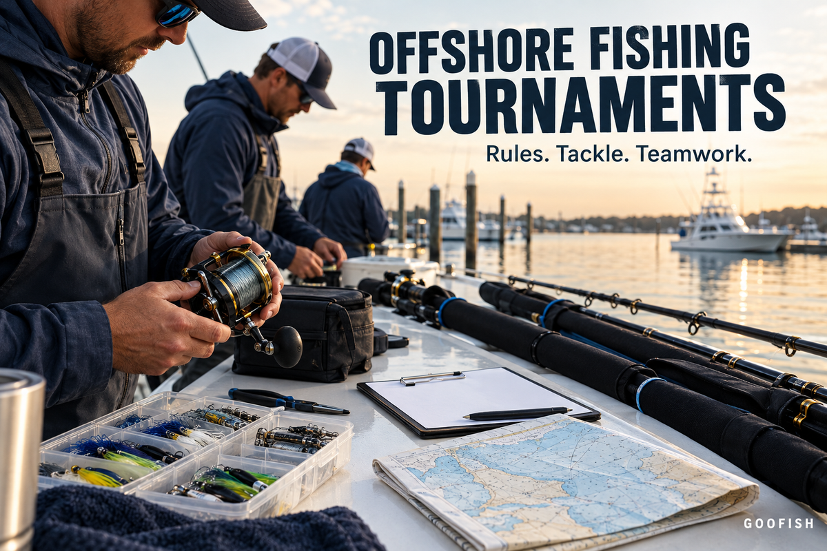 Offshore Fishing Tournaments cover showing a generic crew preparing reels, rods and a checklist at a deck table in a calm harbor