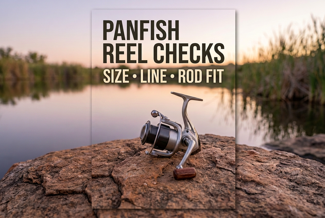 Generated photorealistic scene of a generic spinning reel on dry rock beside a quiet pond, reading Panfish Reel Checks: Size, Line, Rod Fit.