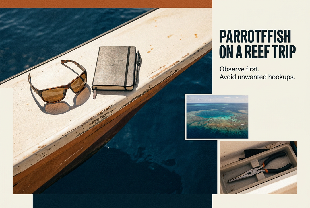 Sunglasses and notebook on a boat gunwale with reef-view and pliers insets, headed Parrotfish on a Reef Trip: Observe first. Avoid unwanted hookups.