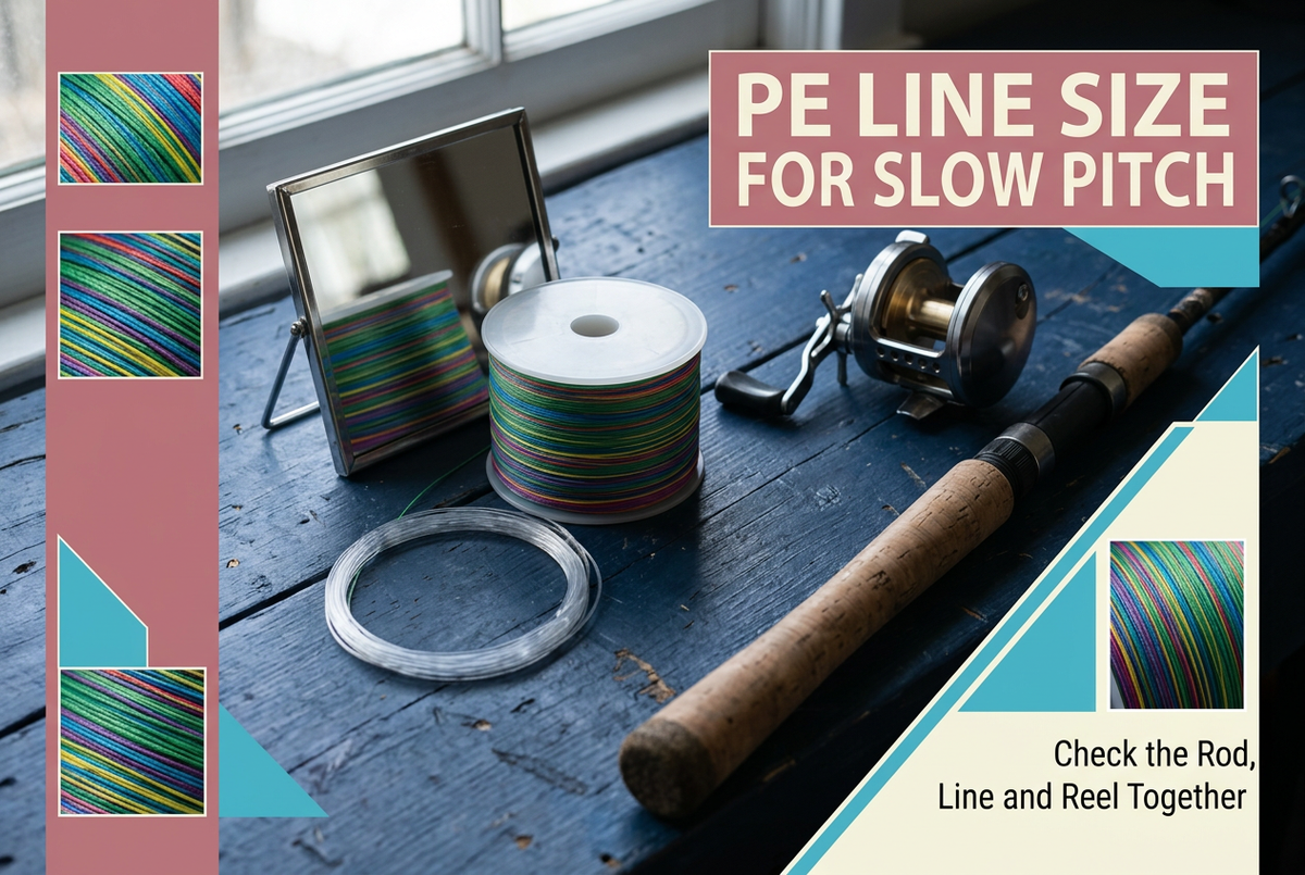 Slow pitch PE line selection guide showing a multicolor braid spool, leader coil, jigging reel and rod grip on an indigo workbench.