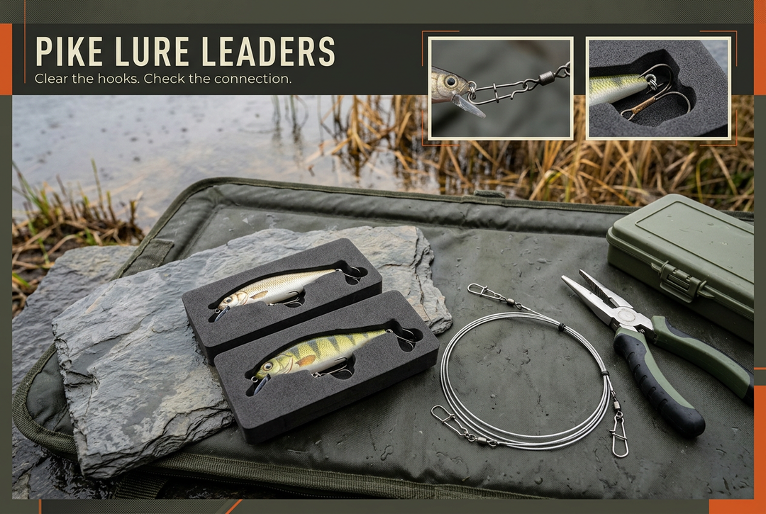 Two minnow lures in protective foam beside wire traces, pliers and a tackle box on a dark lakeside mat, headed Pike Lure Leaders.