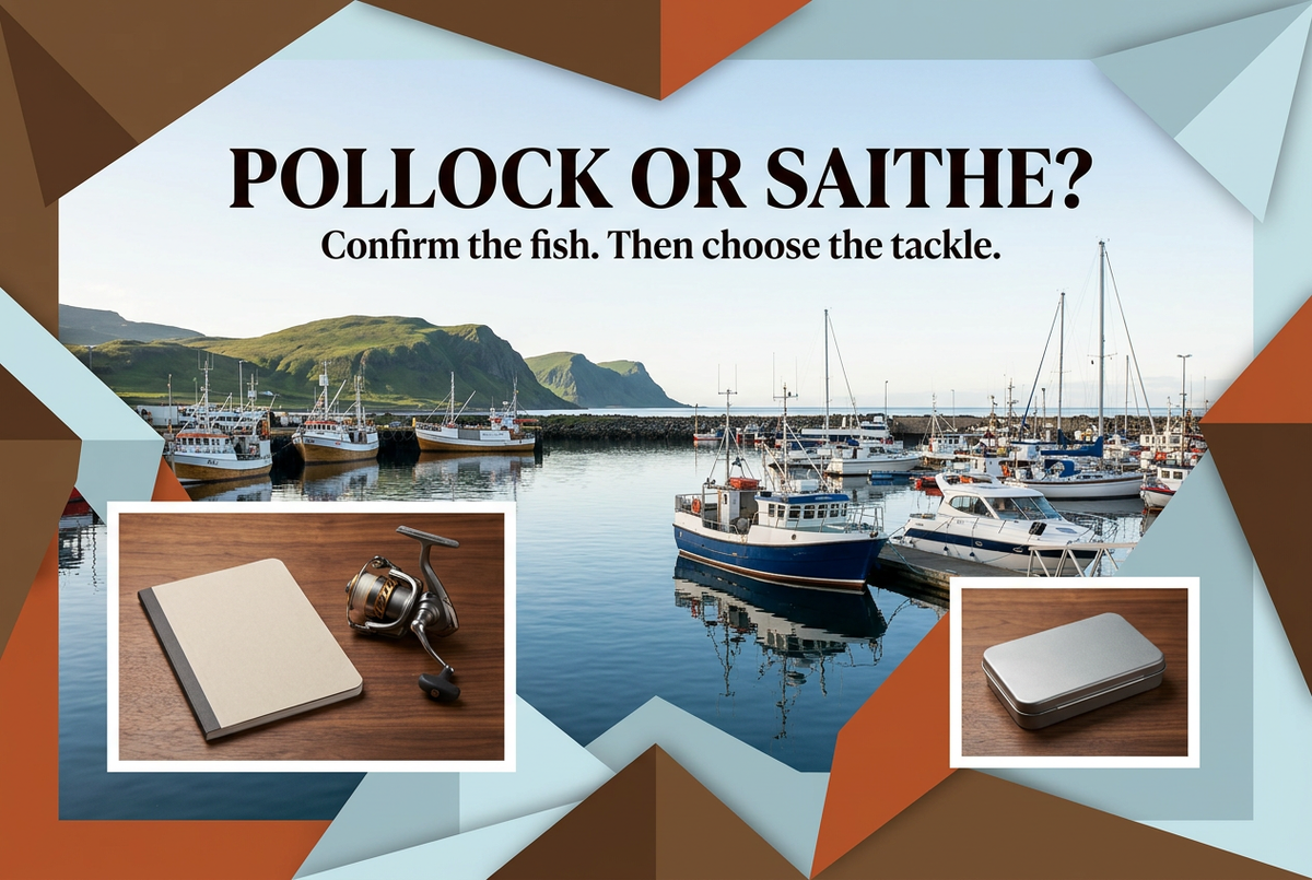 Northern harbor with inset notebook, spinning reel and closed tackle box photographs, headed Pollock or Saithe