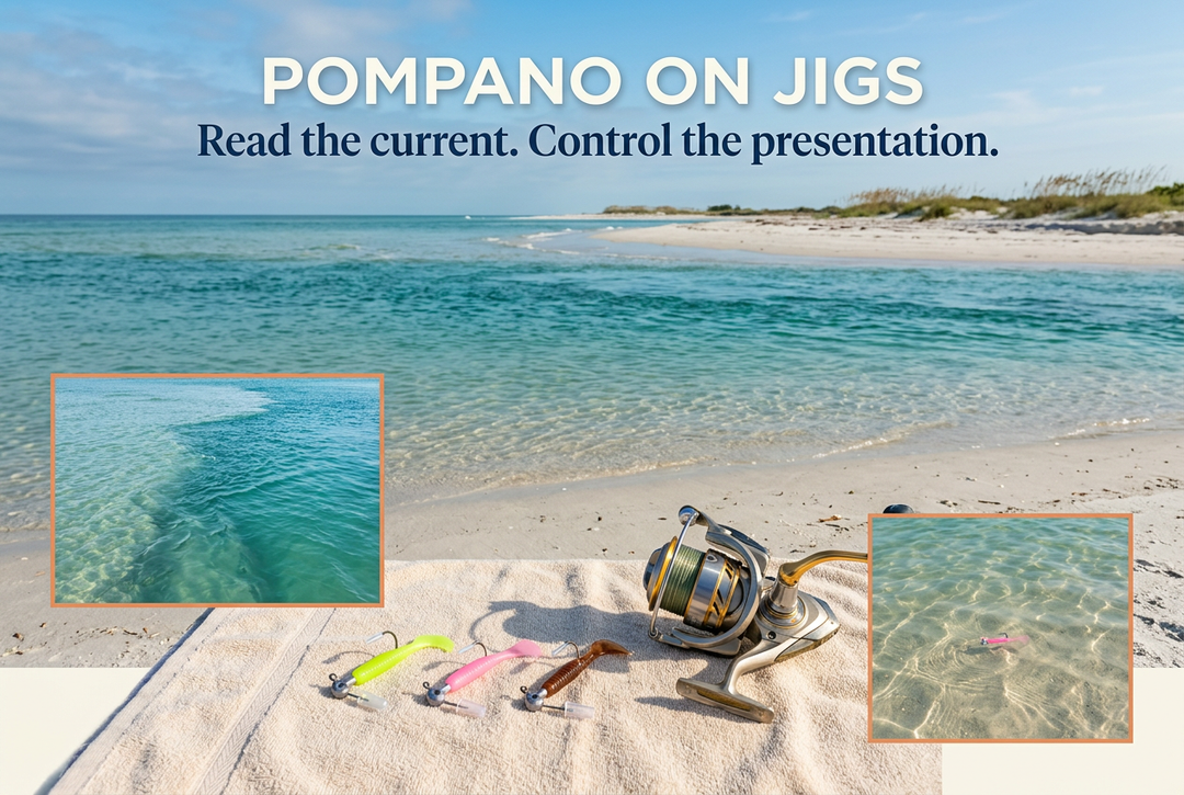 Small jig-head lures and a spinning reel beside a sandy coastal pass, with current-seam insets and the heading Pompano on Jigs.