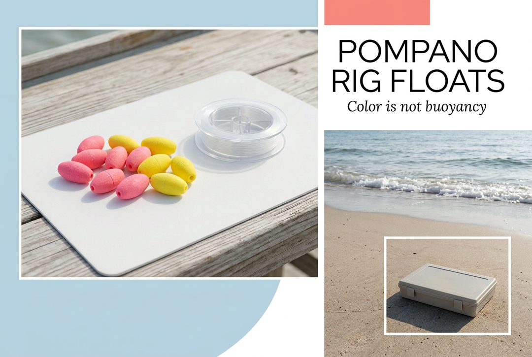 Loose pink and yellow foam rig floats beside a line spool, with beach and tackle-box insets, headed Pompano Rig Floats: Color is not buoyancy.