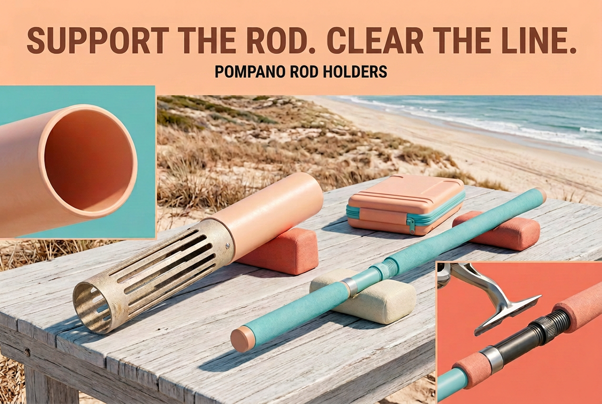 Empty tubular rod holder and separate rod grip on a beach preparation table, with detail insets and the headline Support the Rod. Clear the Line.