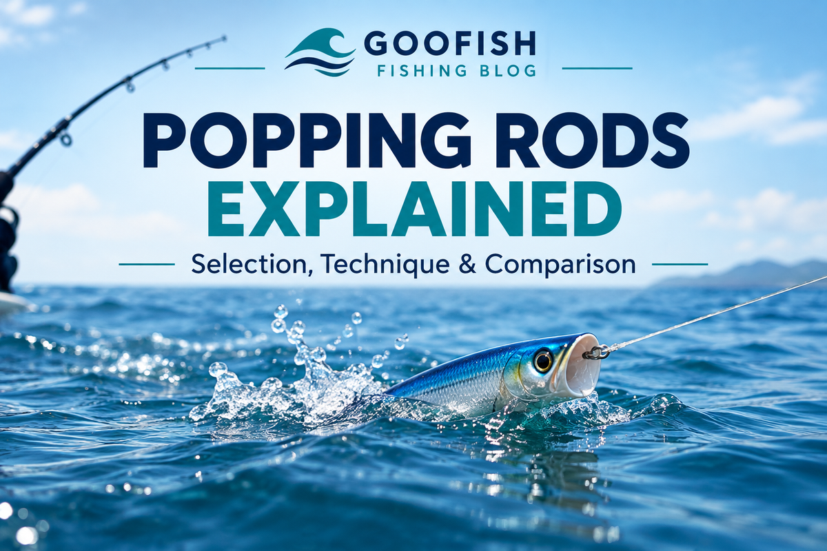 Englisches Titelbild Popping Rods Explained mit einem generischen Popper an der Meeresoberfläche und einer Angelrute im Hintergrund