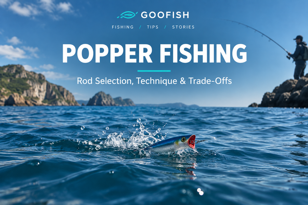 Couverture Popper Fishing en anglais : un popper générique éclabousse la surface de la mer près d’une côte rocheuse, avec un pêcheur en arrière-plan