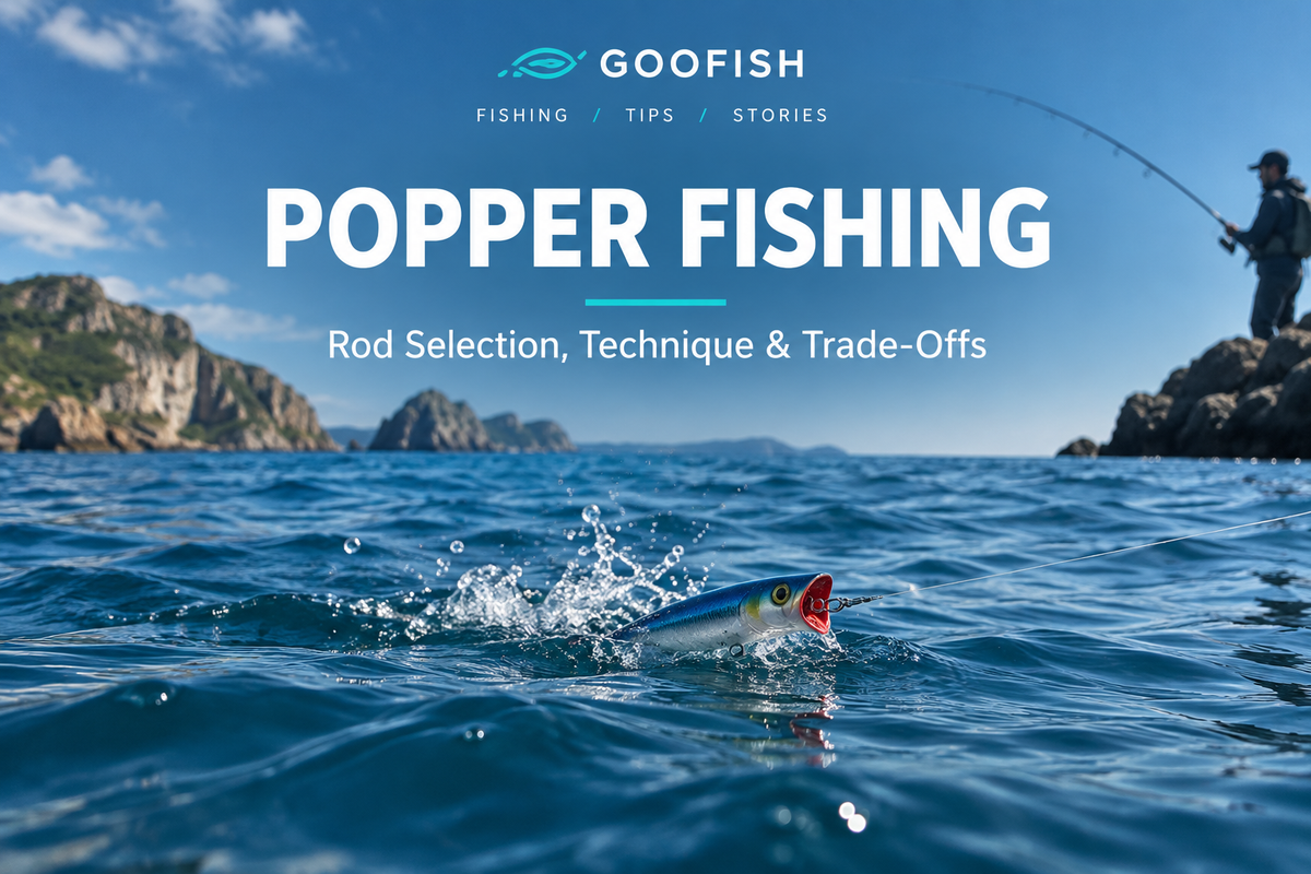 Couverture Popper Fishing en anglais : un popper générique éclabousse la surface de la mer près d’une côte rocheuse, avec un pêcheur en arrière-plan