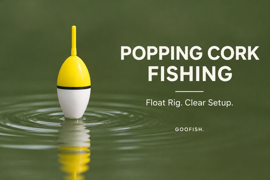 Popping Cork Fishing editorial cover with a generic yellow and white float, circular water reflections and a moss-green background