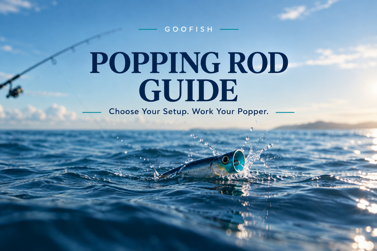 Popping Rod Guide cover showing a generic cup-faced surface popper splashing on blue saltwater, with a fishing rod in the background