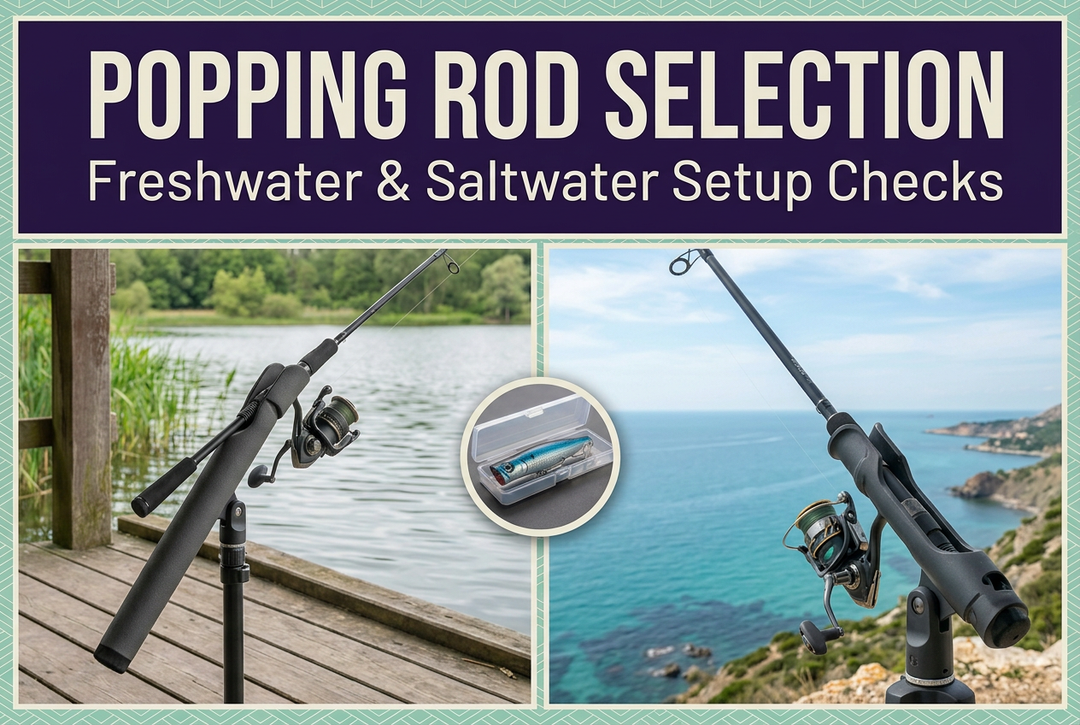 Popping Rod Selection cover showing separate generic spinning outfits beside freshwater and coastal water, with a popper-case inset and violet and seafoam framing.