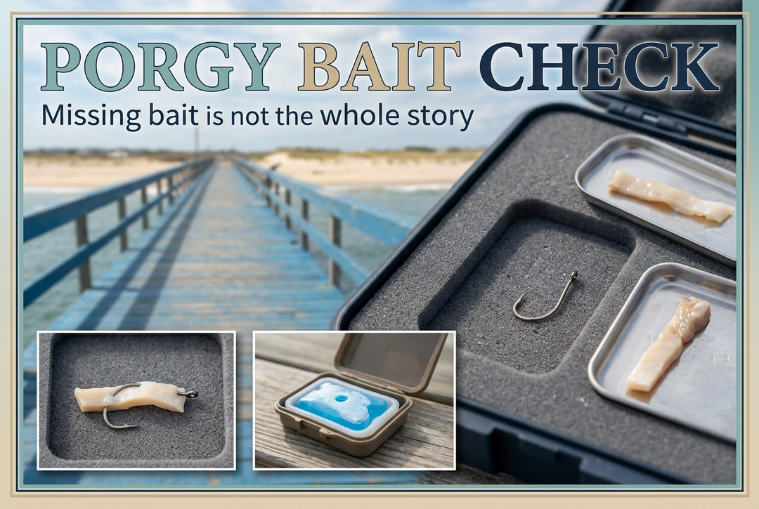 Small fishing hook and pale bait strips in a protective tray beside a blue coastal pier, headed Porgy Bait Check.