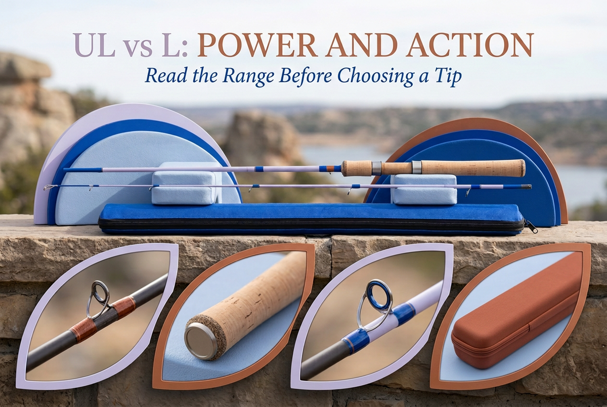 UL vs L Power and Action cover with generic unloaded rods on supports above a blue case, plus curved photographic panels of guide rings, cork grip and a closed rust-colored case.