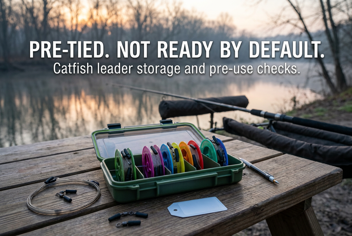 Leader winders in an organizer beside labels and a supported rod at a misty freshwater bank, under Pre-Tied. Not Ready by Default.