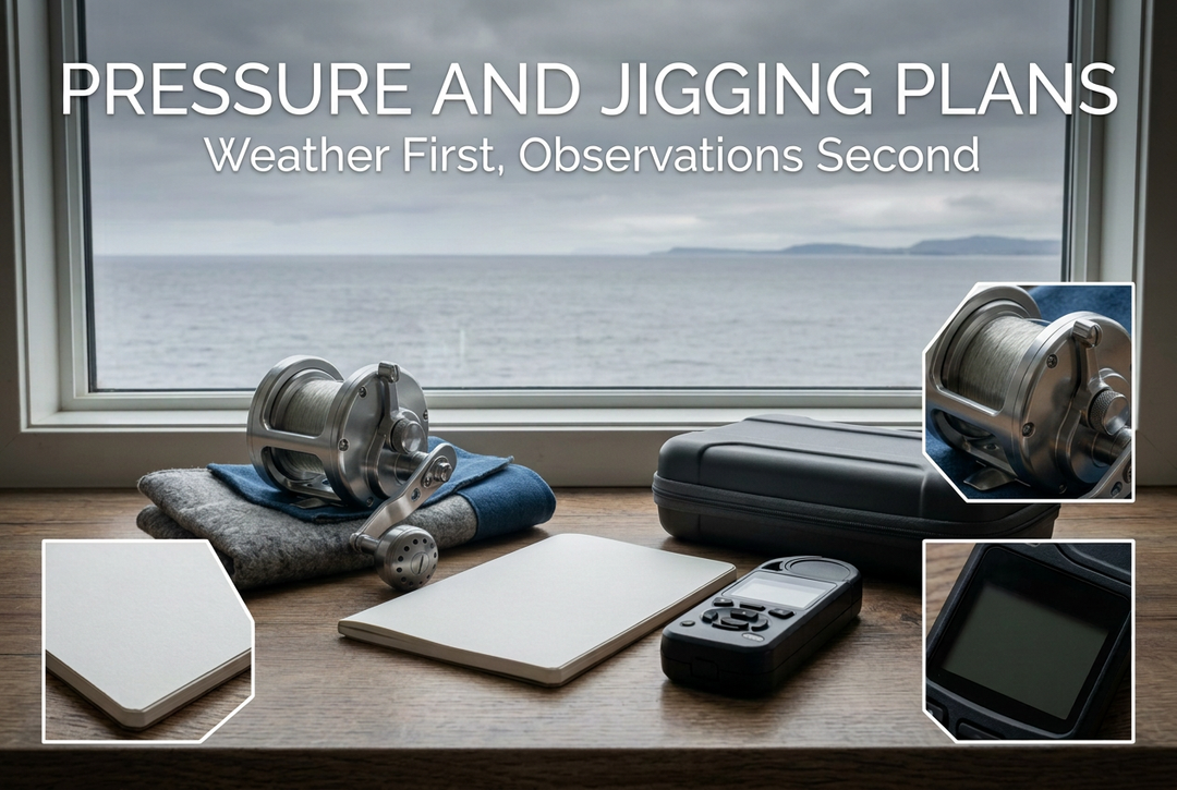 Pressure and Jigging Plans cover showing a generic conventional reel, notebook, closed case and screen-off device indoors by an overcast water view, with photographic detail panels.