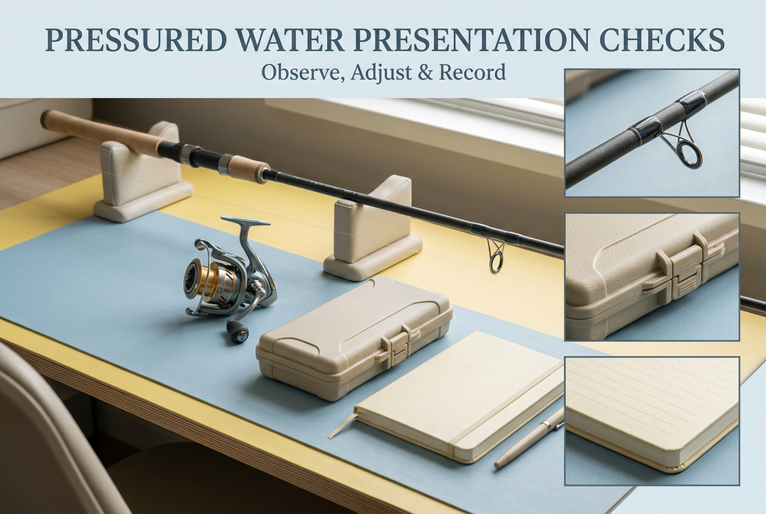 Pressured Water Presentation Checks cover showing a generic unloaded rod on supports, separate spinning reel, closed tackle case and notebook, with photographic-style detail panels.