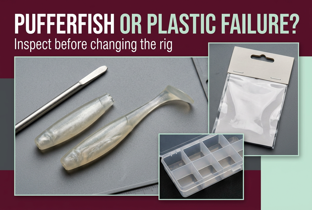 Damaged and intact translucent soft lures on an inspection mat with tackle-storage insets, headed Pufferfish or Plastic Failure?