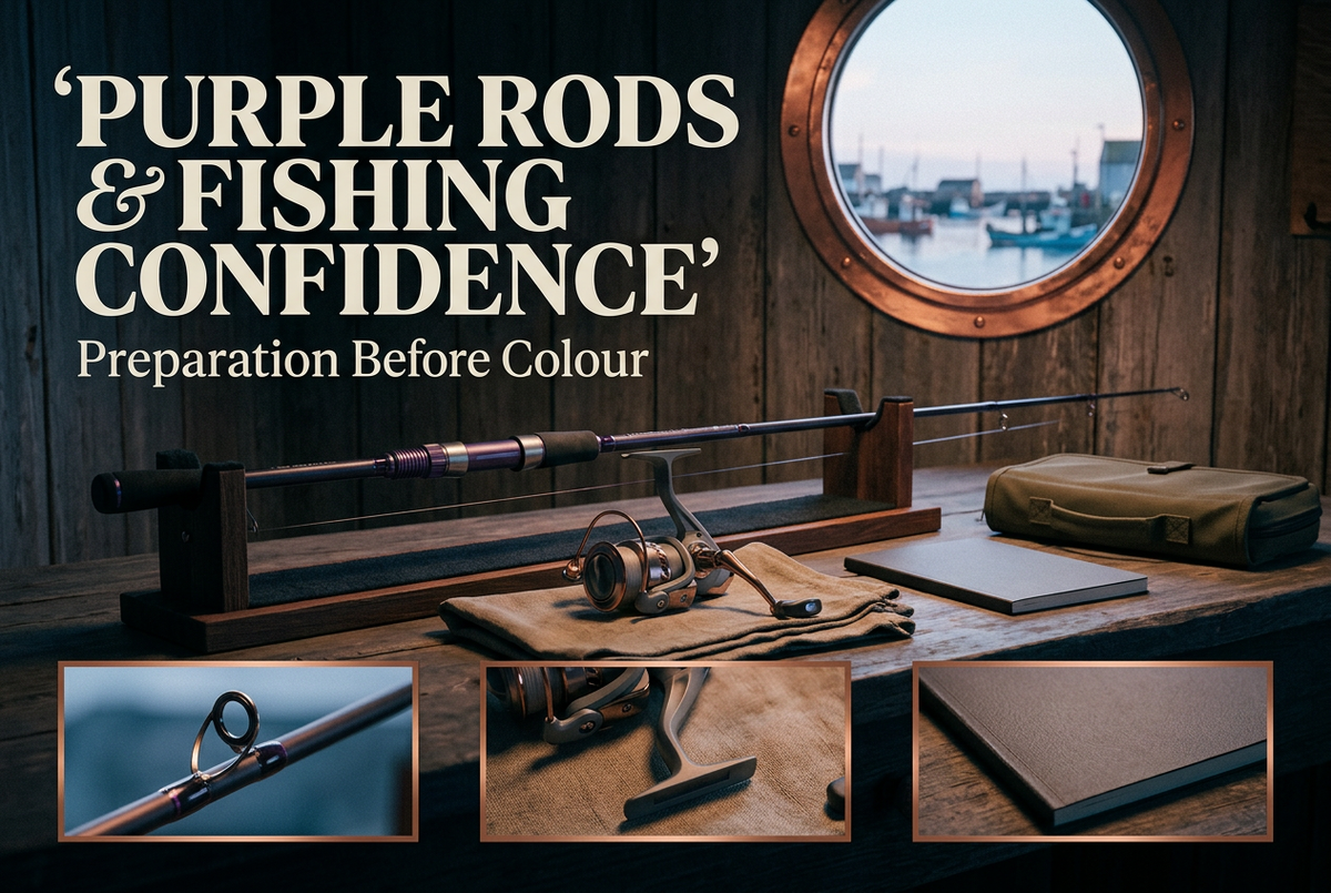 Purple Rods and Fishing Confidence cover with a generic rod on a stand, separate reel, notebook and case in a harbour cabin, with copper-framed detail panels.