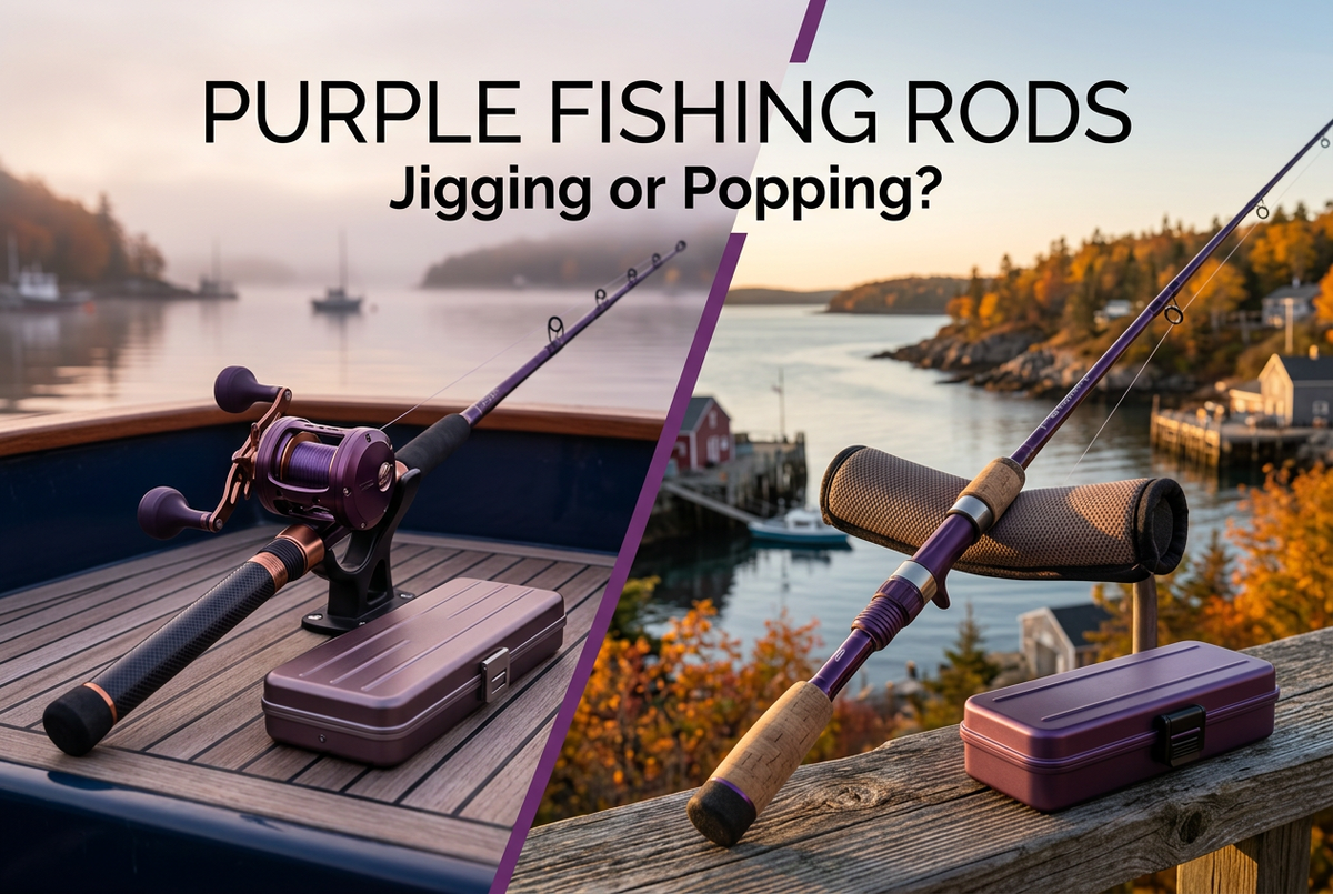 Purple Fishing Rods cover with two generic purple rod setups in misty waterside and autumn harbor scenes under Jigging or Popping text.
