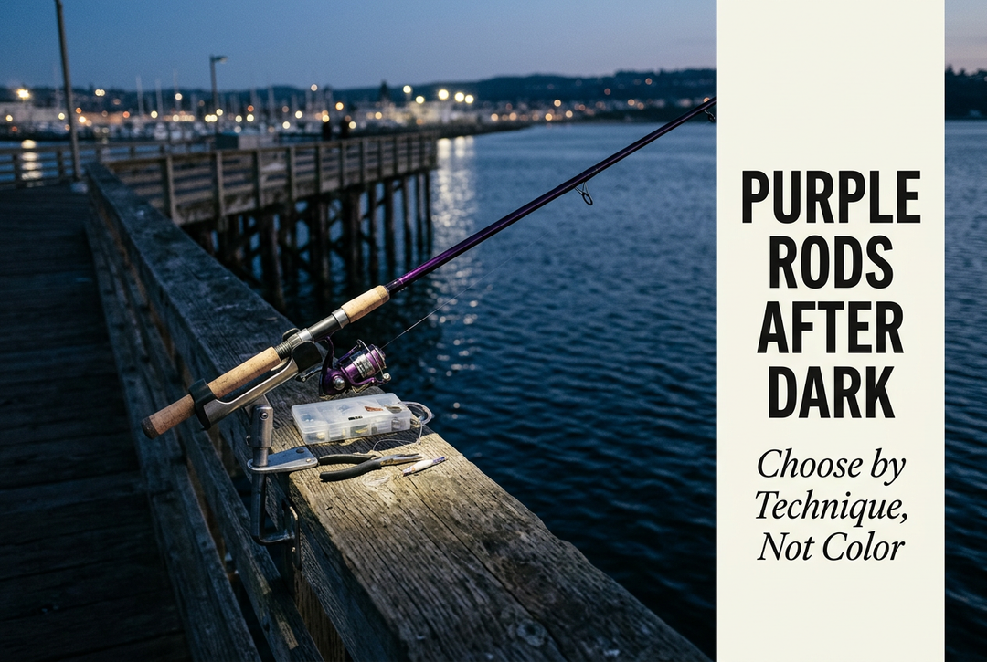 Purple Rods After Dark cover showing a purple spinning rod in a pier holder beside illuminated tackle at blue hour.