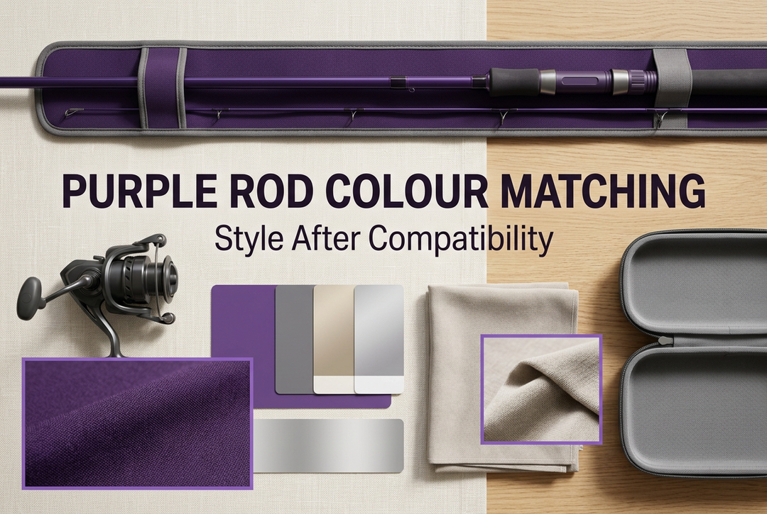 Purple Rod Colour Matching cover with a generic purple rod, separate dark spinning reel, colour swatches and empty case on cream fabric and light wood.
