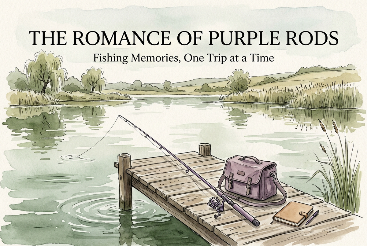 English watercolor cover showing a purple fishing rod, tackle bag and journal on a wooden jetty beside a quiet lake.