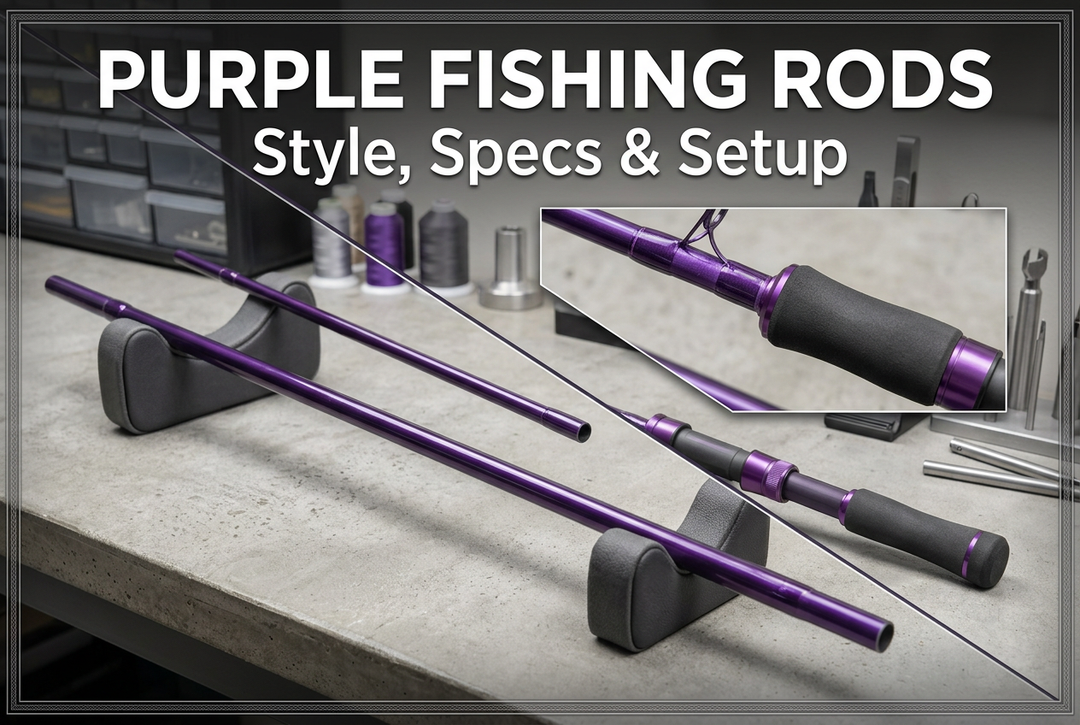 Purple Fishing Rods cover showing generic purple rod sections on padded supports, with a grip and guide detail inset and charcoal and silver framing.
