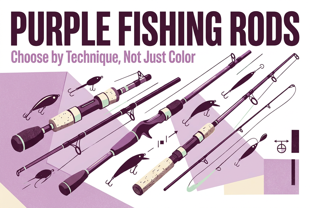 English Purple Fishing Rods poster showing stylized purple rods and lures with the subtitle Choose by Technique, Not Just Color.