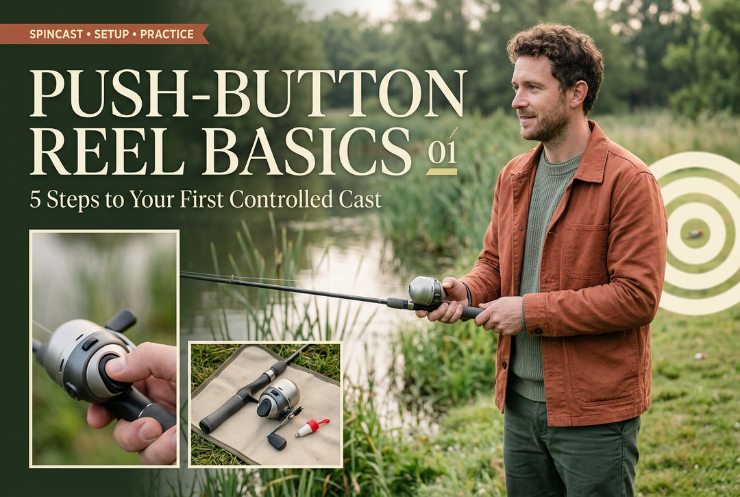 Photo-style push-button reel cover showing an adult with a closed-face spincast setup by a pond, plus reel-button and practice-tackle detail insets.