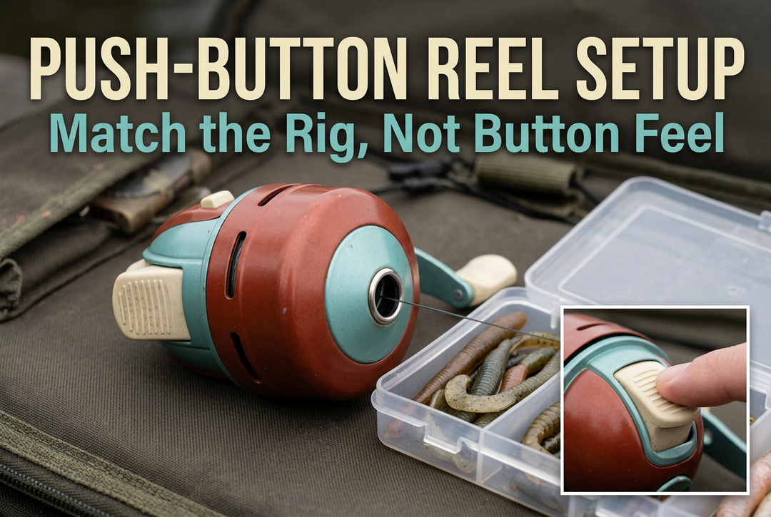 Push-Button Reel Setup cover showing a generic closed-face spincast reel beside soft baits in a tackle tray, with a rear-button detail inset.