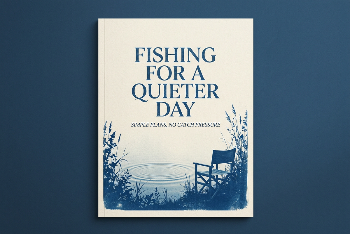 Prussian-blue and ivory cyanotype-style book-cover concept with reeds, a chair and water ripples titled Fishing for a Quieter Day; not an actual publication.