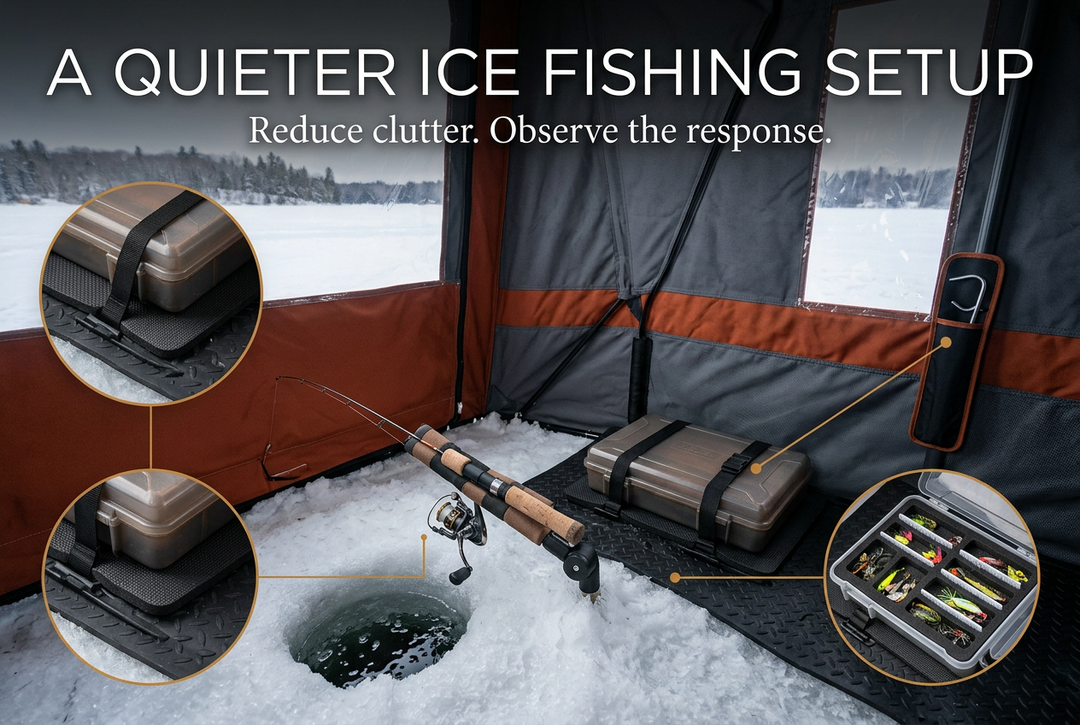 Organized ice fishing shelter with a short rod on a support, tackle boxes on a mat and secured equipment beside a clear hole.