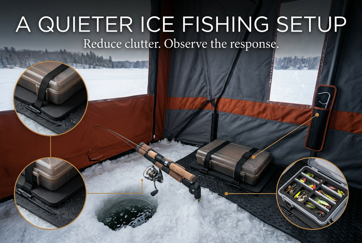 Organized ice fishing shelter with a short rod on a support, tackle boxes on a mat and secured equipment beside a clear hole.