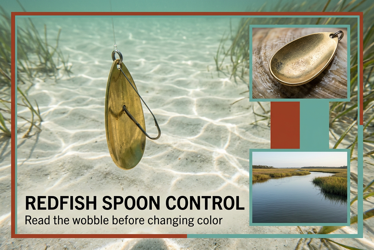 Gold spoon lure in clear shallow coastal water with spoon-body and salt-marsh insets, headed Redfish Spoon Control.