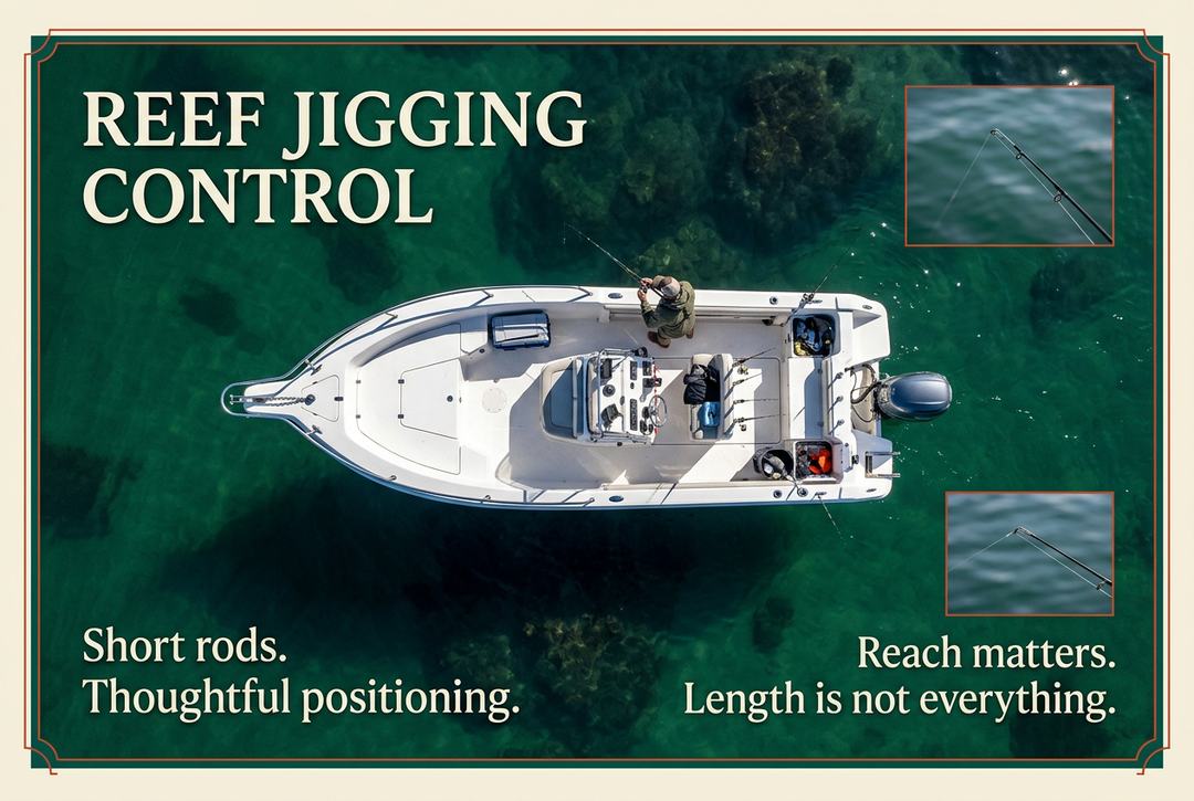 Overhead view of a fishing boat above green water and dark reef patches, with the English title Reef Jigging Control.