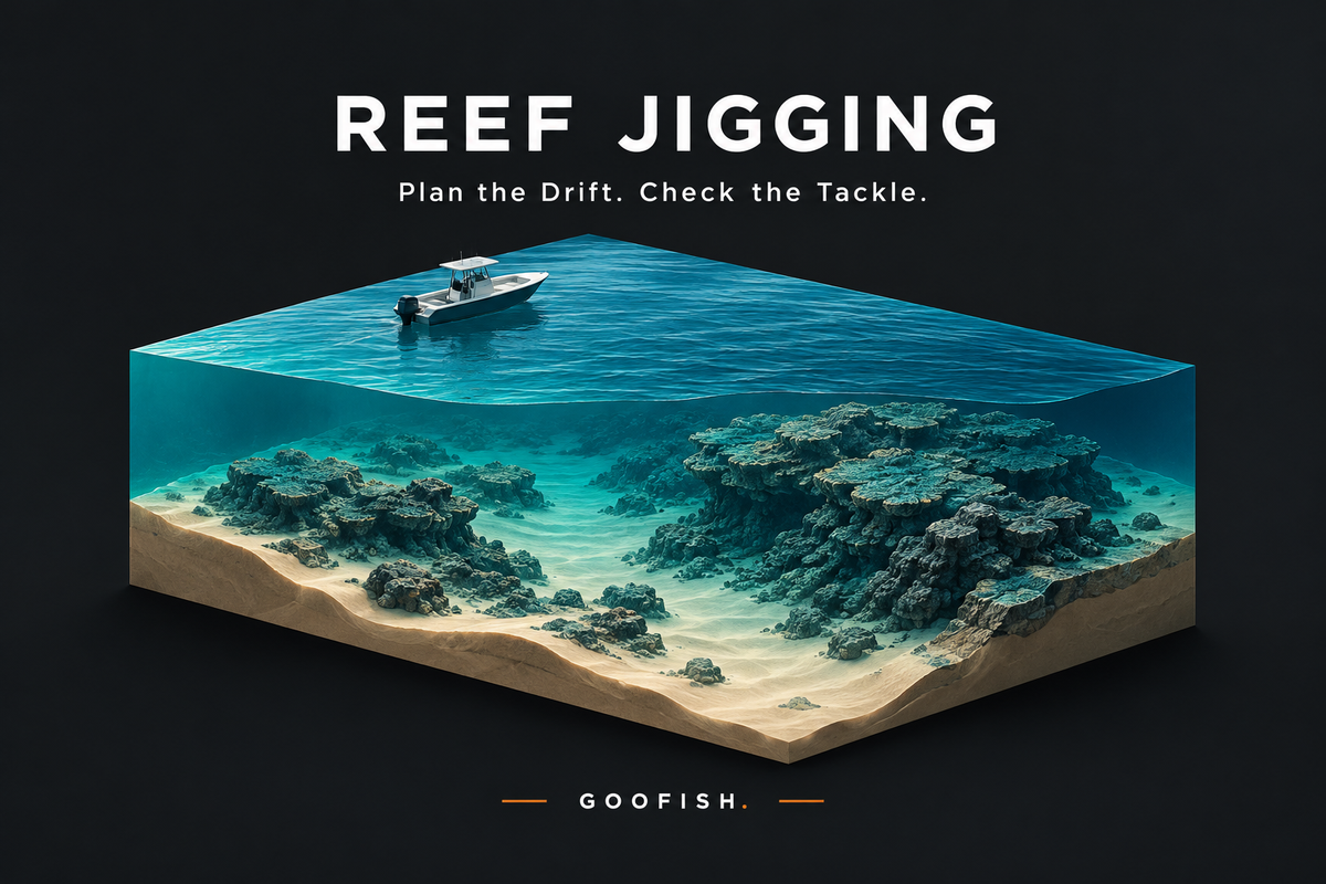 Reef Jigging cover with a conceptual turquoise ocean cutaway, sandy seabed, reef shapes and a small boat against charcoal