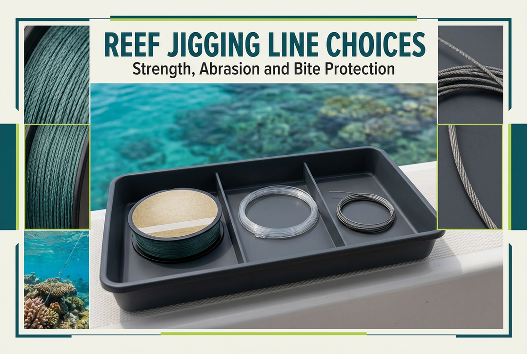 Reef jigging line guide showing separate braid, clear leader and wire trace coils on a boat tackle tray with reef water in the background.