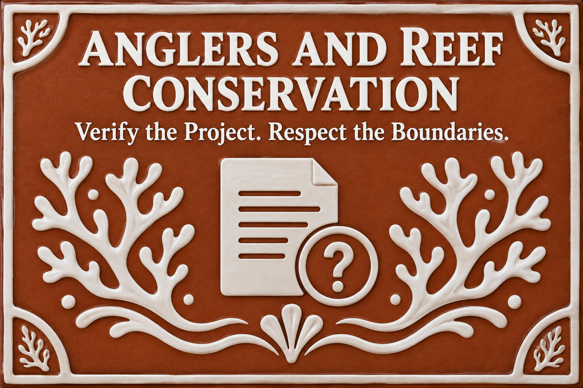 Anglers and Reef Conservation English cover with conceptual white porcelain coral motifs, a document and question mark on an ochre background.