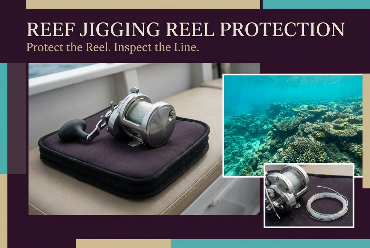 Reef jigging reel protection guide showing a reel on a padded case aboard a boat with separate reef-water and leader-coil insets.