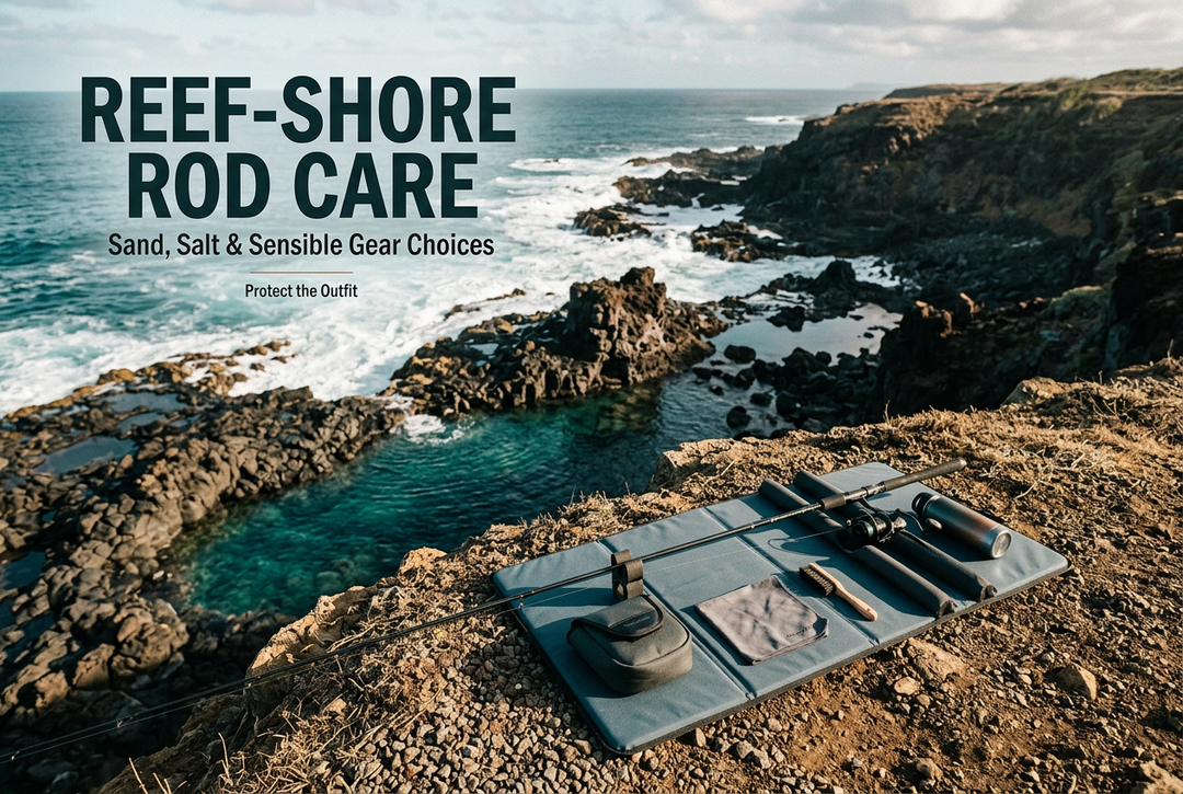 Generic rod and cleaning accessories on a padded mat above a volcanic rocky coast, with English headline Reef-Shore Rod Care.