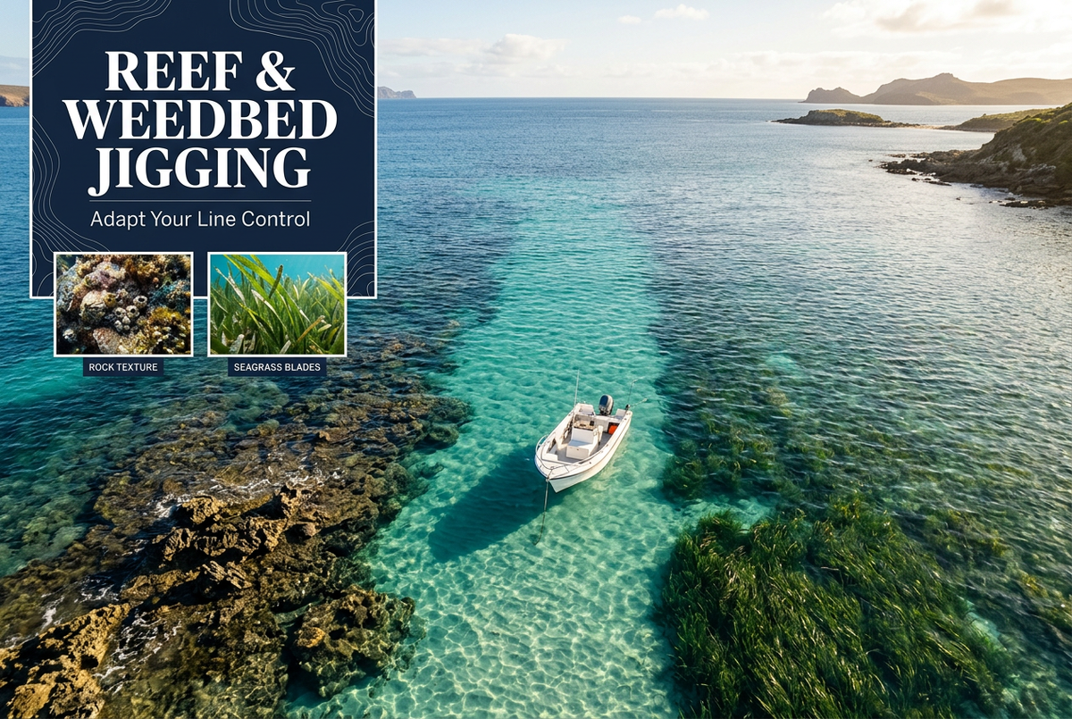 Reef and weedbed jigging guide showing a boat over an open channel between rocky reef and underwater vegetation.