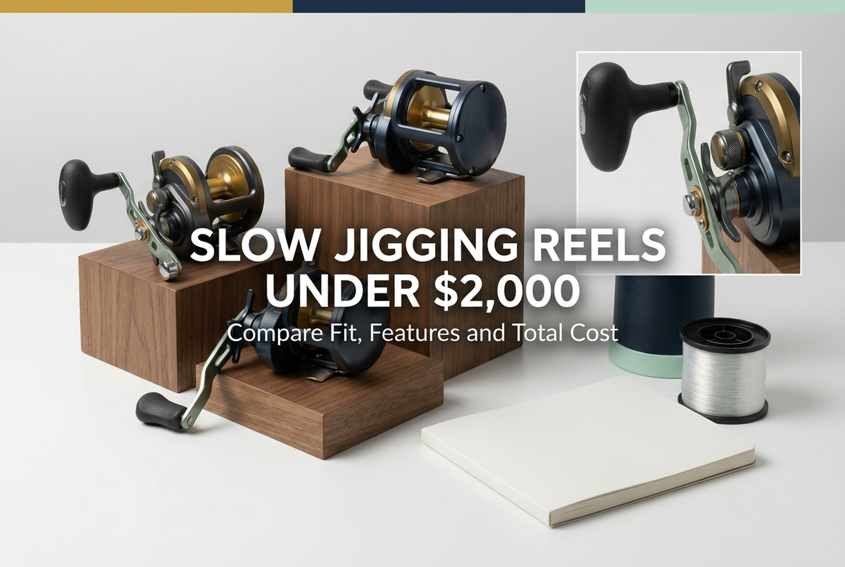 Slow jigging reels under two thousand dollars guide showing generic conventional reels on display blocks with a blank notebook, line spool and handle inset.