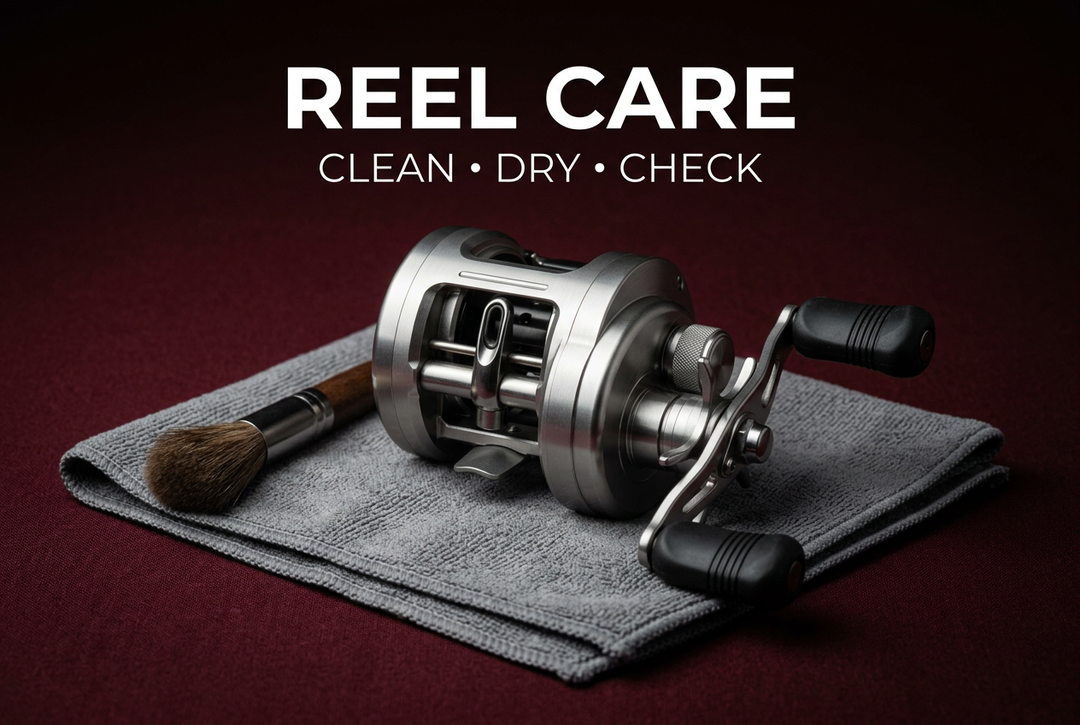 Generic silver casting reel on a grey cloth with a soft brush against a burgundy background