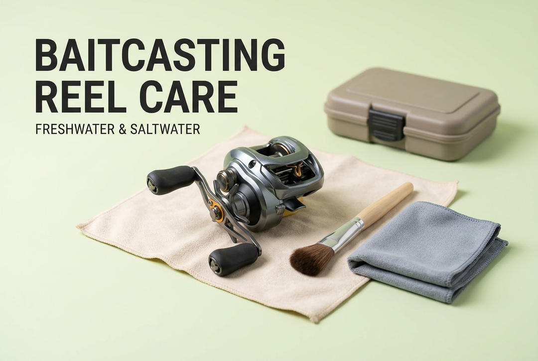Generic baitcasting reel on a cloth beside a soft brush and folded cloth on a pale green background titled Baitcasting Reel Care: Freshwater and Saltwater.