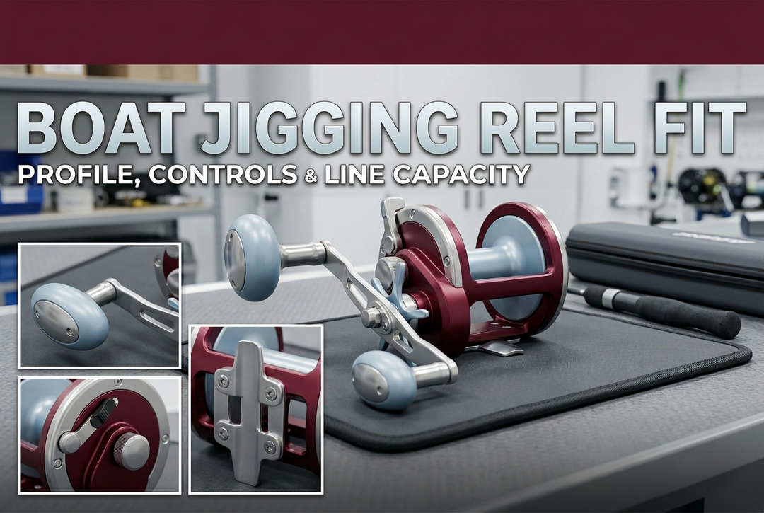 Boat Jigging Reel Fit cover showing a generic burgundy and silver conventional reel on a padded counter, with handle, sideplate and mounting-foot detail panels.