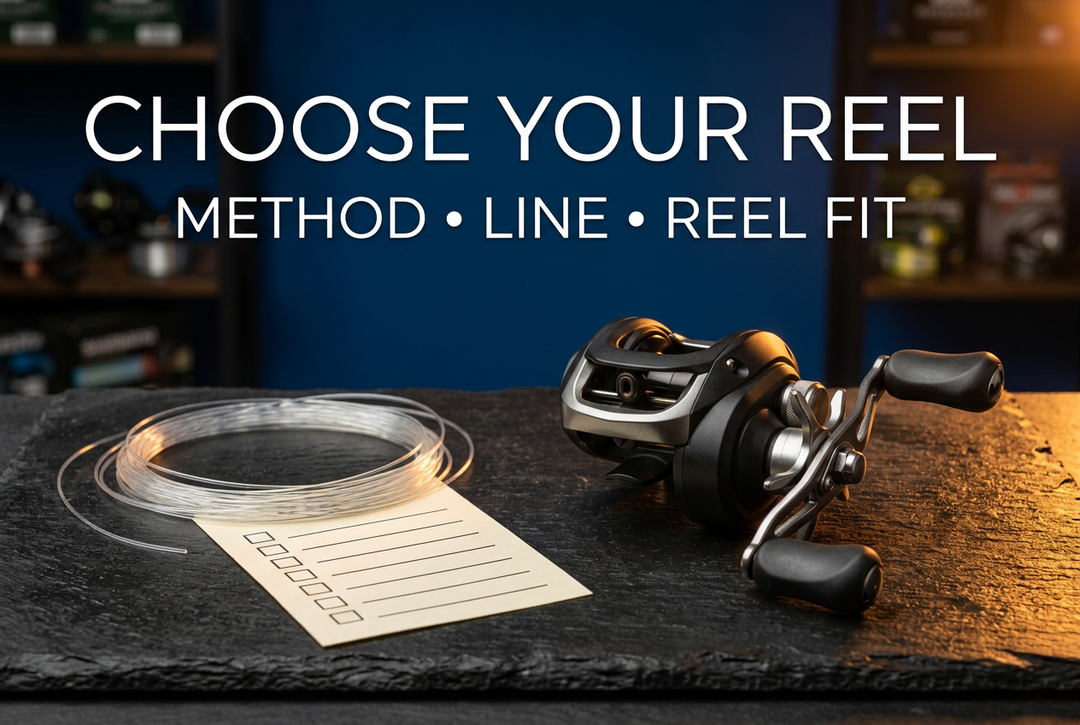 Generated photorealistic tackle-counter scene with a generic baitcasting reel, coiled line and checklist under Choose Your Reel: Method, Line, Reel Fit.
