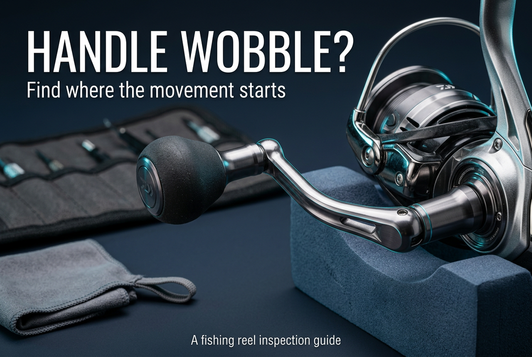Close-up of a silver spinning reel handle and rounded grip on a blue foam cradle beneath the English headline Handle Wobble?