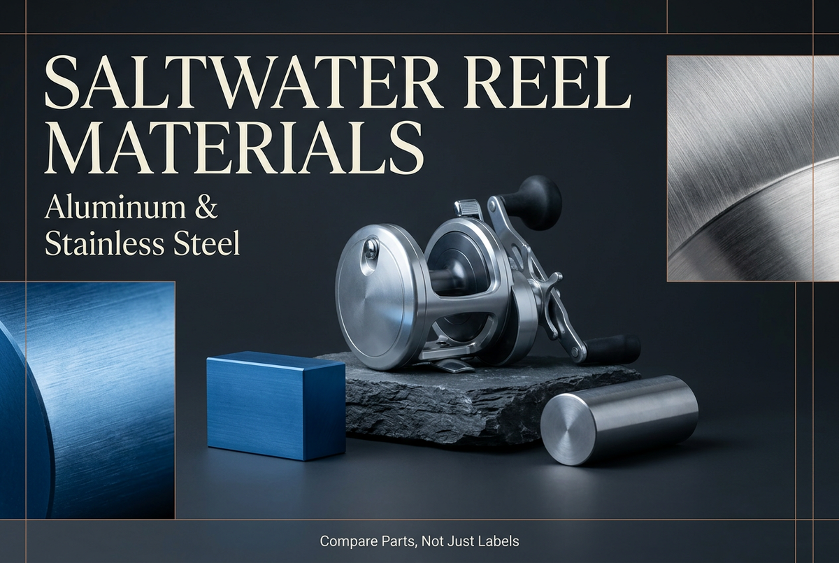 Saltwater reel materials comparison with a conventional reel, blue anodized aluminum sample and polished metal sample on a dark studio surface.