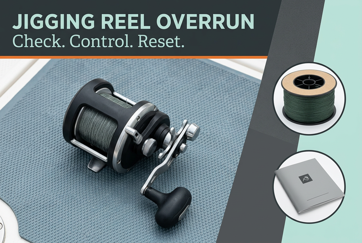 Generic overhead reel on a marine service mat with line-spool and instruction-booklet insets beneath Jigging Reel Overrun and Check Control Reset.