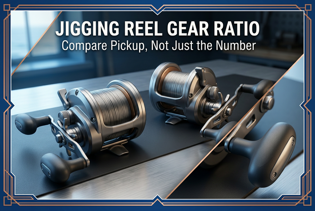 Jigging reel gear ratio guide showing generic conventional reels and a close-up handle detail on a workshop bench.